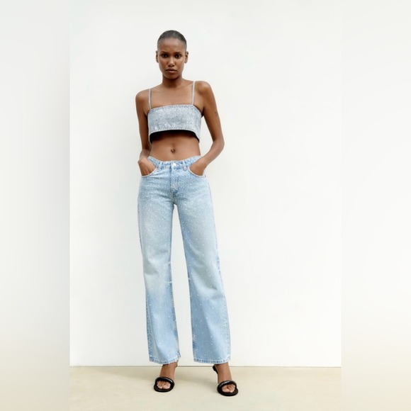 Zara NWT Rhinestone Jewel Denim Crop Top XS - Picture 3 of 12